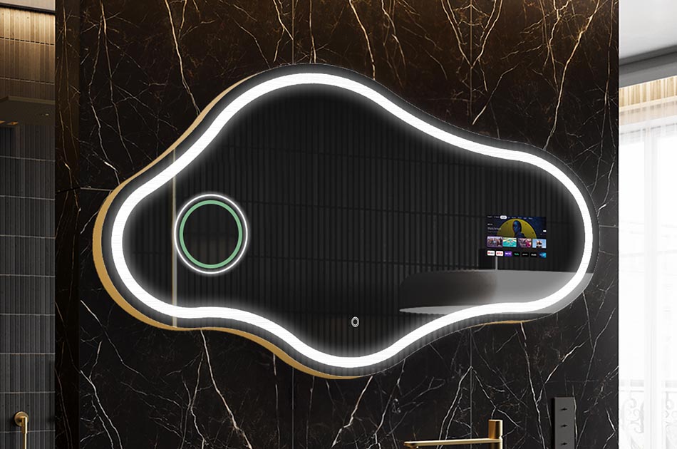 Oglindă LED neregulată cu afișaj meteo și panou tactil | ARTFORMA