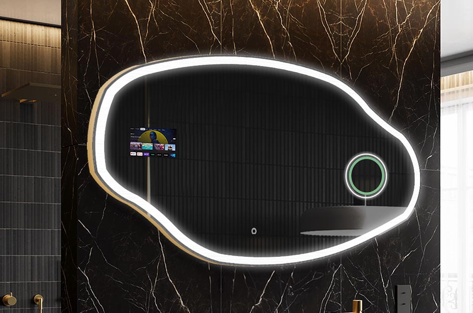 Oglindă LED neregulată cu afișaj meteo și panou tactil | ARTFORMA