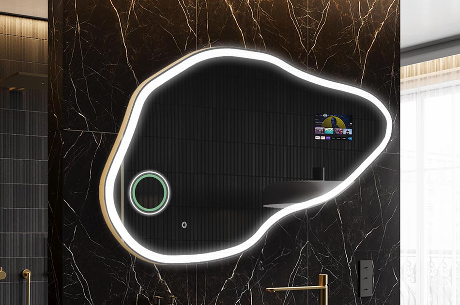 Oglindă LED neregulată cu afișaj meteo și panou tactil | ARTFORMA