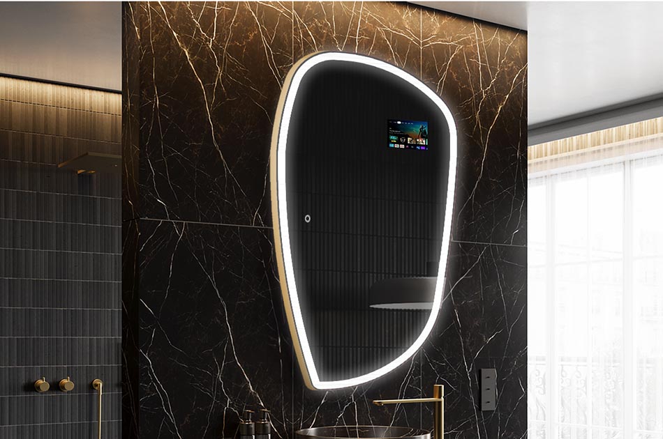 Oglindă LED neregulată cu afișaj meteo și panou tactil | ARTFORMA