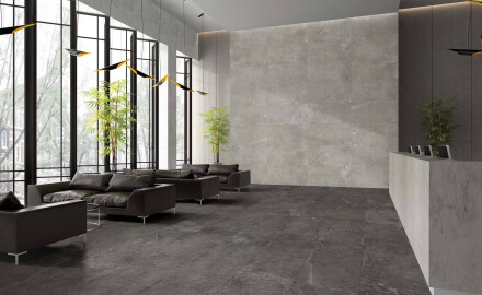 Gresie pentru pardoseală 60x120 cm, gri închis cu venaturi deschise, finisaj mat A4H141 Ermetica Lavagna