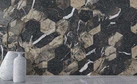 Placă de gresie de format mare, 120x280 cm, neagră, lucioasă, cu venaturi aurii, rectificată, A4H195 Pierre Black