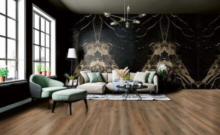 Placă de gresie de format mare pentru pardoseală, 120x280 cm, Bookmatch, neagră lucioasă, cu venaturi aurii, rectificată, A4H203 Pierre Black
