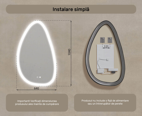 Oglindă neregulată cu iluminare, 64×104 cm, culoare duală, comutator tactil, saltea încălzitoare #8