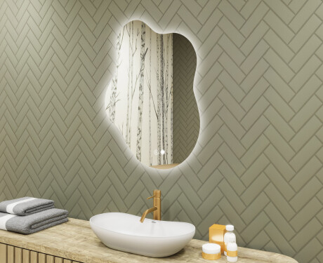 Oglindă neregulată cu iluminare, 74×94 cm, culoare duală, comutator tactil, saltea încălzitoare