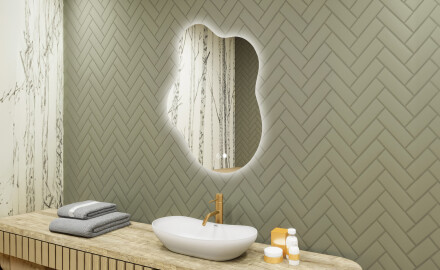 Oglindă neregulată cu iluminare, 74×94 cm, culoare duală, comutator tactil, saltea încălzitoare