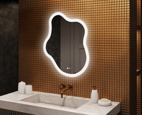 Oglindă neregulată cu iluminare, 74×94 cm, culoare duală, comutator tactil, saltea încălzitoare