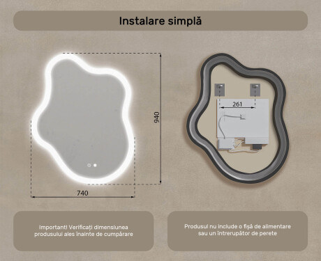 Oglindă neregulată cu iluminare, 74×94 cm, culoare duală, comutator tactil, saltea încălzitoare #8