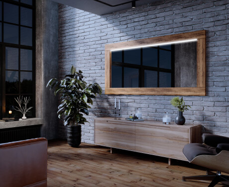 Oglindă LED rectangulară de perete cu ramă lemn L225