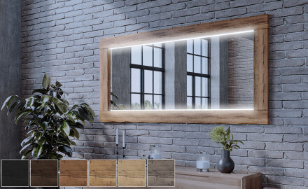 Oglindă LED rectangulară de perete cu ramă lemn L225