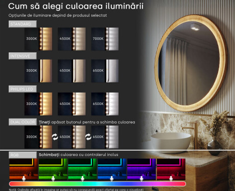 Oglindă rotundă LED neagră cu ramă din lemn #5