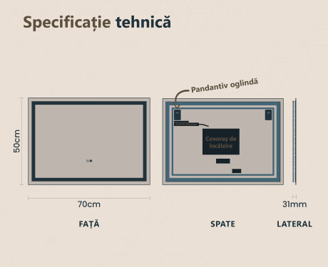 Oglinzi moderne baie cu leduri 70x50cm cu Dual color, Întrerupător iluminarea, Saltea de încălzire - L49 #6