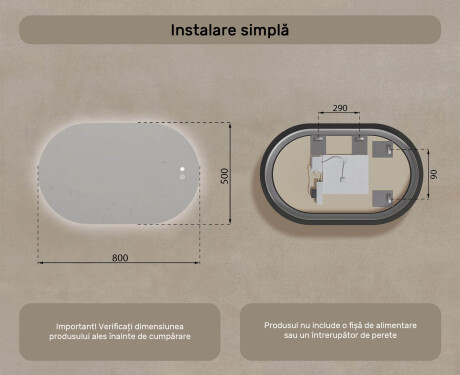 Oglindă ovală cu iluminare LED 80x50/50x80 cm, culori duale, comutator tactil, covoraș de încălzire #8