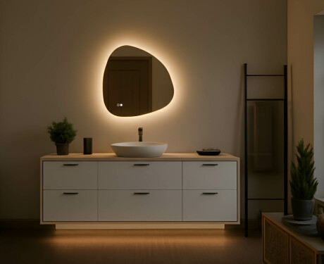 Oglindă neregulată cu iluminare 64×64 cm, culori duale, comutator tactil, covoraș de încălzire
