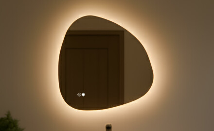 Oglindă neregulată cu iluminare 64×64 cm, culori duale, comutator tactil, covoraș de încălzire