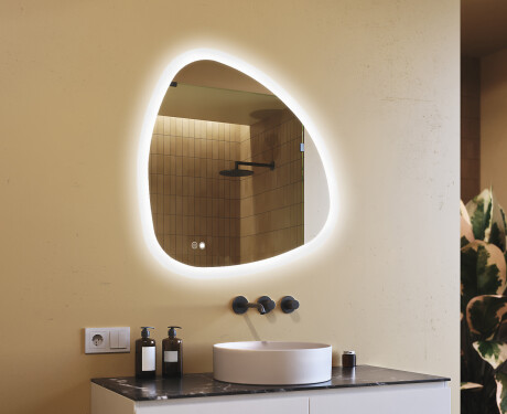 Oglindă neregulată cu iluminare, 94×94 cm, culoare duală, comutator tactil, saltea încălzitoare