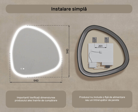Oglindă neregulată cu iluminare, 94×94 cm, culoare duală, comutator tactil, saltea încălzitoare #8