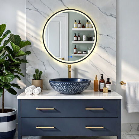 Oglindă rotundă cu iluminare LED într-o ramă neagră din aluminiu #8