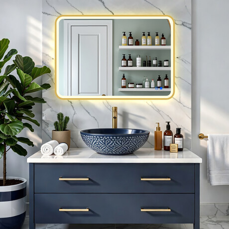 Oglindă rotunjită LED într-o ramă aurie din aluminiu #8