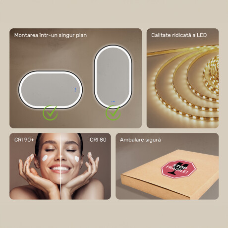 Oglindă ovală cu iluminare LED într-un cadru din aluminiu negru #7