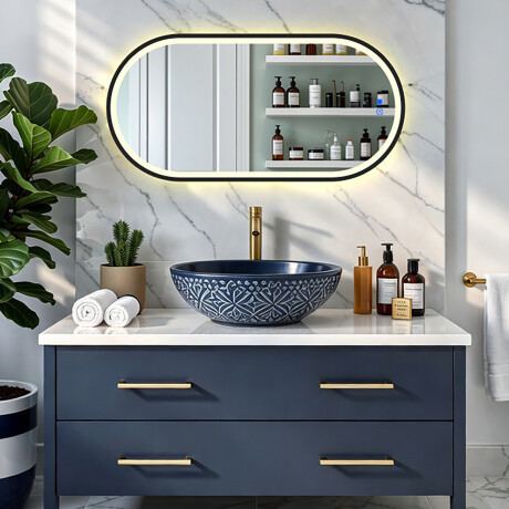 Oglindă ovală cu iluminare LED într-un cadru din aluminiu negru #8