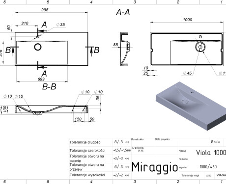 Chiuvetă VIOLA 1000 L MIRASOFT