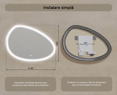 Oglindă neregulată cu iluminare, 114×84 cm, culoare duală, comutator tactil, saltea încălzitoare #8