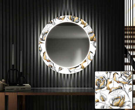 Oglinda cu LED rotunda decorativa perete hol - Golden Flowers