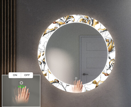 Oglinda cu LED rotunda decorativa perete hol - Golden Flowers #5