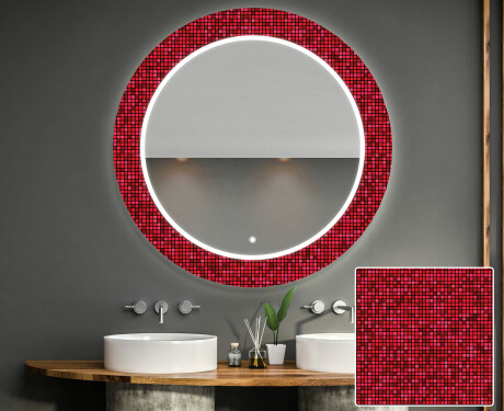 Baie decoratiune rotunda oglinda cu LED moderna  - Red Mosaic #1