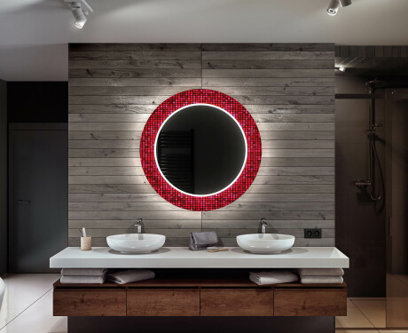Baie decoratiune rotunda oglinda cu LED moderna  - Red Mosaic #12