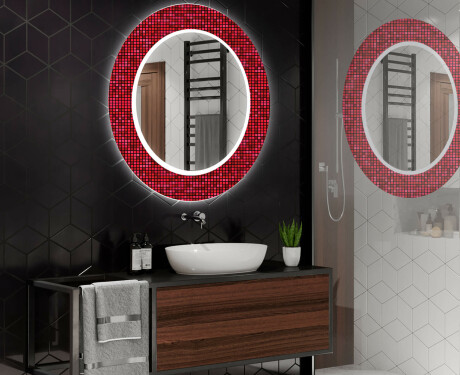 Baie decoratiune rotunda oglinda cu LED moderna  - Red Mosaic #2