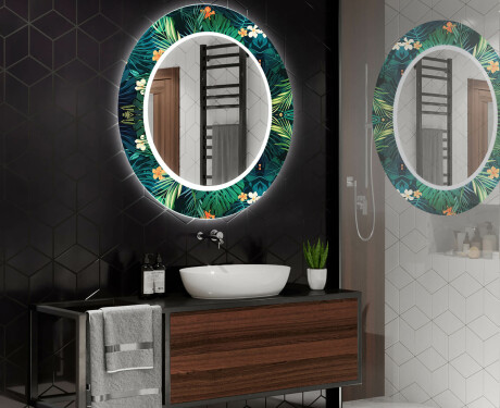 Oglindă rotundă decorativă cu iluminare de fundal pentru baie - Tropical #2