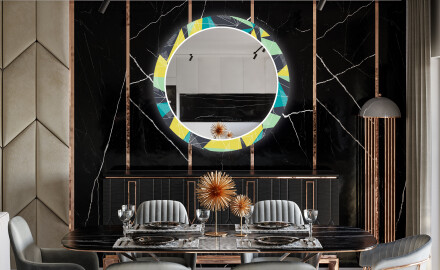Oglindă rotundă decorativă cu iluminare LED pentru sala de mese - Abstract Geometric