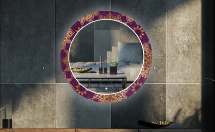 Oglindă rotundă decorativă cu iluminare LED pentru salon - Gold Mandala