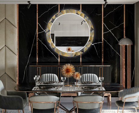 Rotunda moderna oglinzi decorative cu leduri pentru sala de mese - Golden Leaves #12