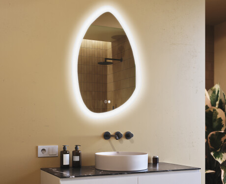 Oglindă neregulată cu iluminare, 64×94 cm, culoare duală, comutator tactil, saltea încălzitoare