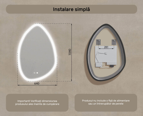 Oglindă neregulată cu iluminare, 64×94 cm, culoare duală, comutator tactil, saltea încălzitoare #8
