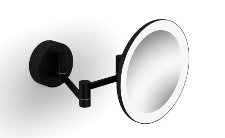 Oglindă cosmetică cu mărire de 3x, rotundă, cu iluminare LED cu lumină caldă/rece, rabatabilă, cu braț dublu mobil / negru mat