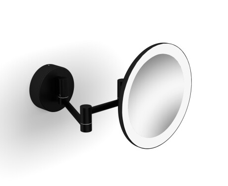 Oglindă cosmetică cu mărire de 3x, rotundă, cu iluminare LED cu lumină caldă/rece, rabatabilă, cu braț dublu mobil / negru mat