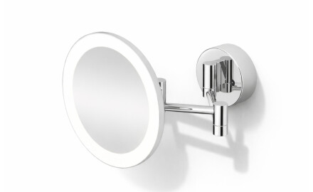 Oglindă cosmetică cu mărire de 3x, rotundă, cu iluminare LED, reglare continuă a culorii luminii, rabatabilă, cu braț dublu mobil / cromată