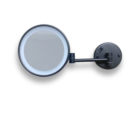 Oglindă cosmetică cu mărire de 3x, rotundă, cu iluminare LED de culoare neutră, rabatabilă, cu braț dublu mobil / negru mat