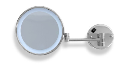 Oglindă cosmetică cu mărire de 3x, rotundă, cu iluminare LED de culoare neutră, rabatabilă, cu braț dublu mobil / cromată