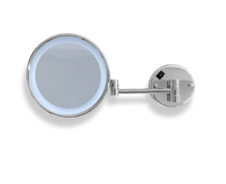 Oglindă cosmetică cu mărire de 3x, rotundă, cu iluminare LED de culoare neutră, rabatabilă, cu braț dublu mobil / cromată